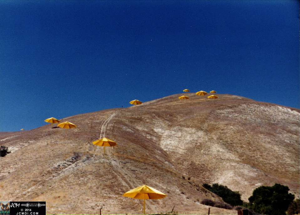 1760 Giant Yellow Umbrella Art Exhibit in Gorman California by Christo Javacheff of Bulgaria, October 1991. JCMDI.COM
